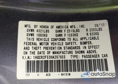 2017 Honda Accord Sport from USA, damaged, VIN 1HGCR2F53HA297855